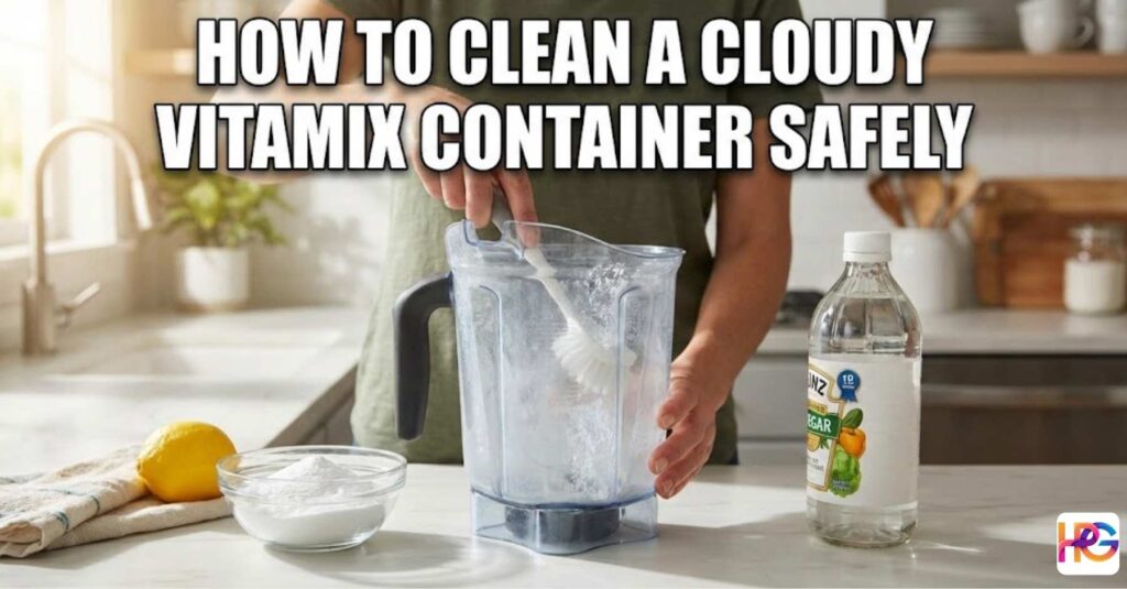 A person cleaning a cloudy Vitamix blender container safely in a bright kitchen using a soft brush, white vinegar, and baking soda.