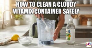 A person cleaning a cloudy Vitamix blender container safely in a bright kitchen using a soft brush, white vinegar, and baking soda.