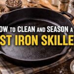 How to Clean and Season a Cast Iron Skillet title over seasoned cast iron pan with oil and salt on wooden table
