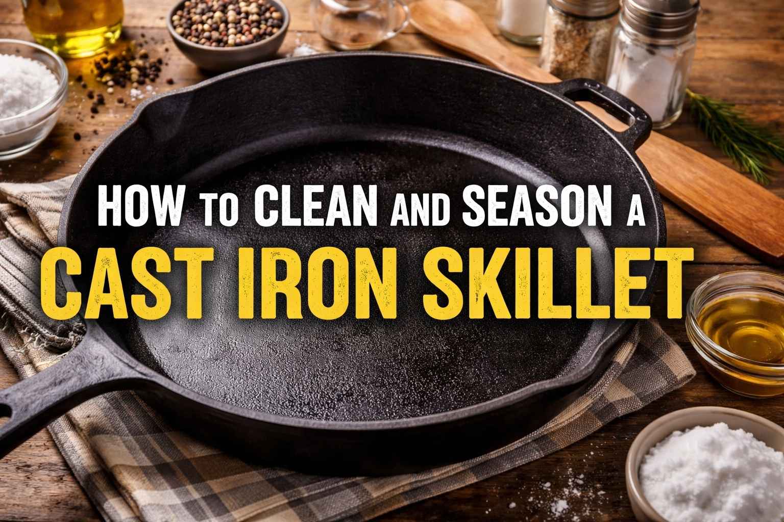 How to Clean and Season a Cast Iron Skillet title over seasoned cast iron pan with oil and salt on wooden table