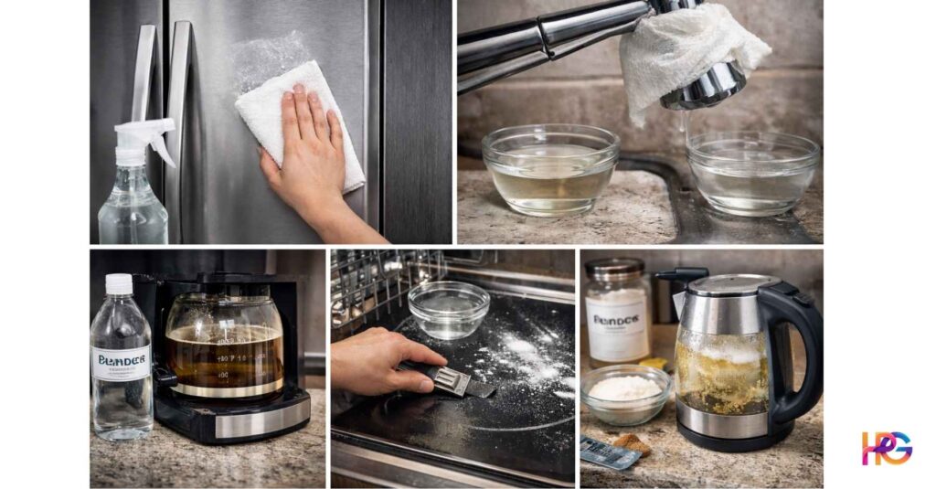 Kitchen appliances with visible hard water stains and mineral buildup on stainless steel, faucet, stovetop, coffee maker, and kettle