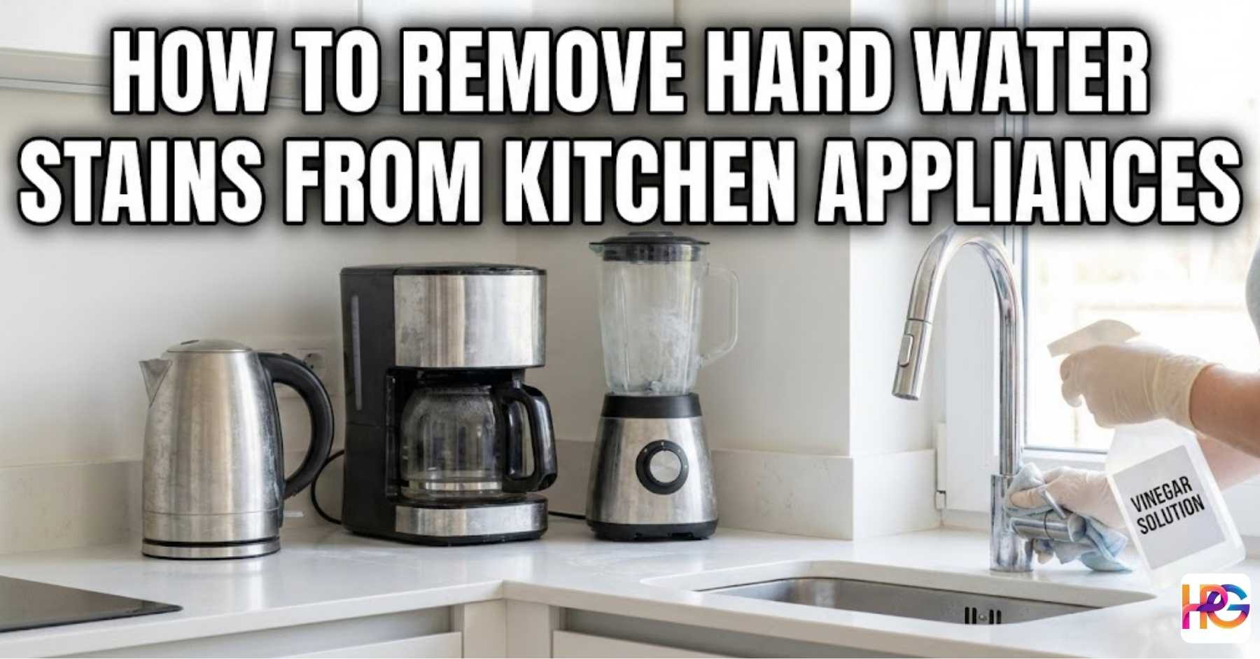 A person scrubbing hard water stains from a cloudy glass pitcher using a small brush and baking soda.