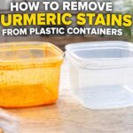 Stained and clean plastic containers with baking soda, lemon, vinegar, and hydrogen peroxide for removing turmeric stains