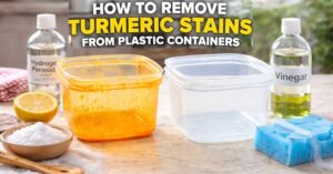 Stained and clean plastic containers with baking soda, lemon, vinegar, and hydrogen peroxide for removing turmeric stains