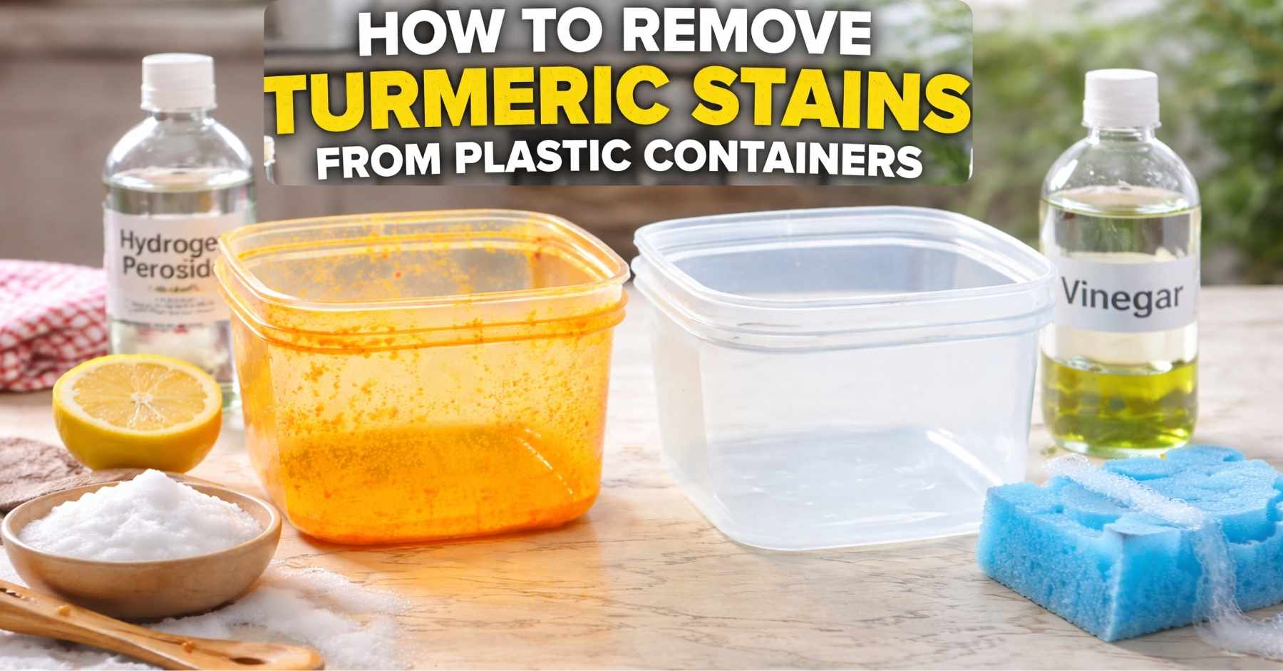 Stained and clean plastic containers with baking soda, lemon, vinegar, and hydrogen peroxide for removing turmeric stains