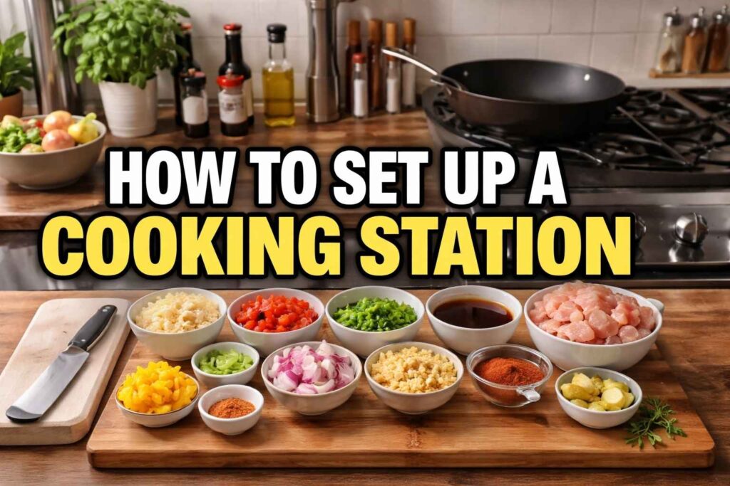 Wide kitchen banner showing a cooking station setup with prepped ingredients in bowls, knife, cutting board, and stove, titled How to Set Up a Cooking Station.