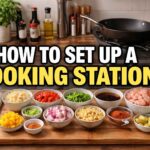 Wide kitchen banner showing a cooking station setup with prepped ingredients in bowls, knife, cutting board, and stove, titled How to Set Up a Cooking Station.