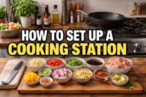 Wide kitchen banner showing a cooking station setup with prepped ingredients in bowls, knife, cutting board, and stove, titled How to Set Up a Cooking Station.