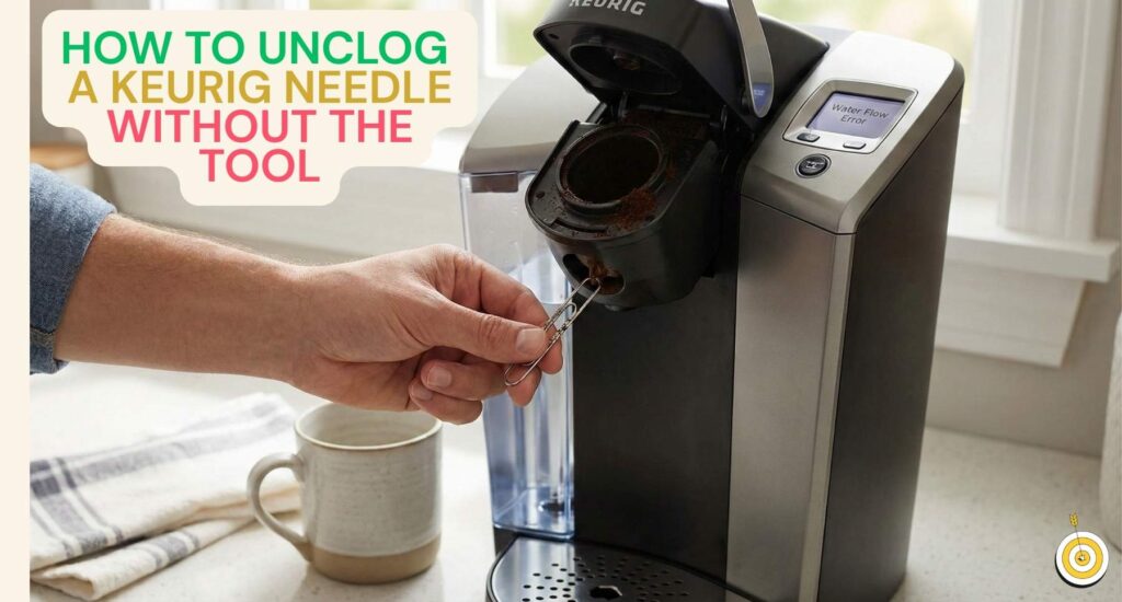A person using a straightened paperclip to unclog the exit needle inside a Keurig coffee maker pod holder.