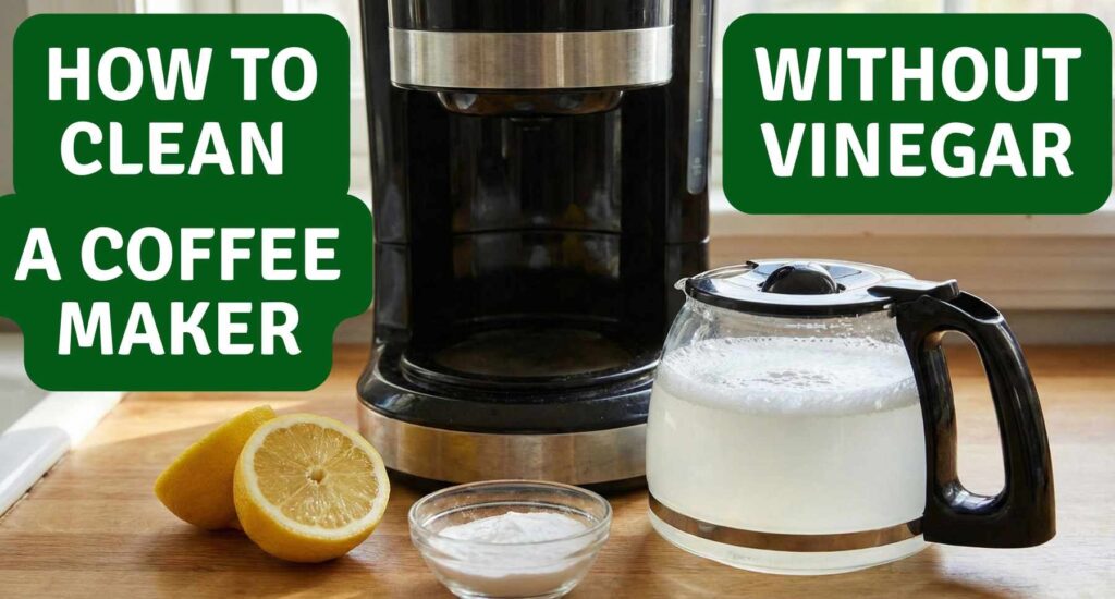 A black drip coffee maker on a wooden kitchen counter next to fresh cut lemons, a small bowl of baking soda, and a glass carafe filled with a bubbly cleaning solution.