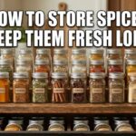 A neat kitchen counter and open drawer filled with glass jars. Big text says how to store spices to keep them fresh longer.