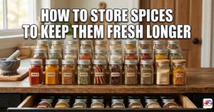 A neat kitchen counter and open drawer filled with glass jars. Big text says how to store spices to keep them fresh longer.