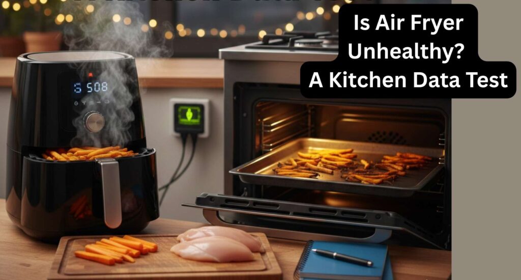 A side-by-side kitchen data test showing an air fryer with steaming fries and a traditional oven baking fries on a tray.