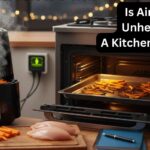 A side-by-side kitchen data test showing an air fryer with steaming fries and a traditional oven baking fries on a tray.