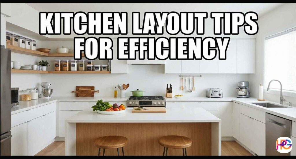 A well-organized modern kitchen with white cabinets, a central island, and neatly stored appliances, featuring the text Kitchen Layout Tips for Efficiency.
