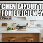 A well-organized modern kitchen with white cabinets, a central island, and neatly stored appliances, featuring the text Kitchen Layout Tips for Efficiency.