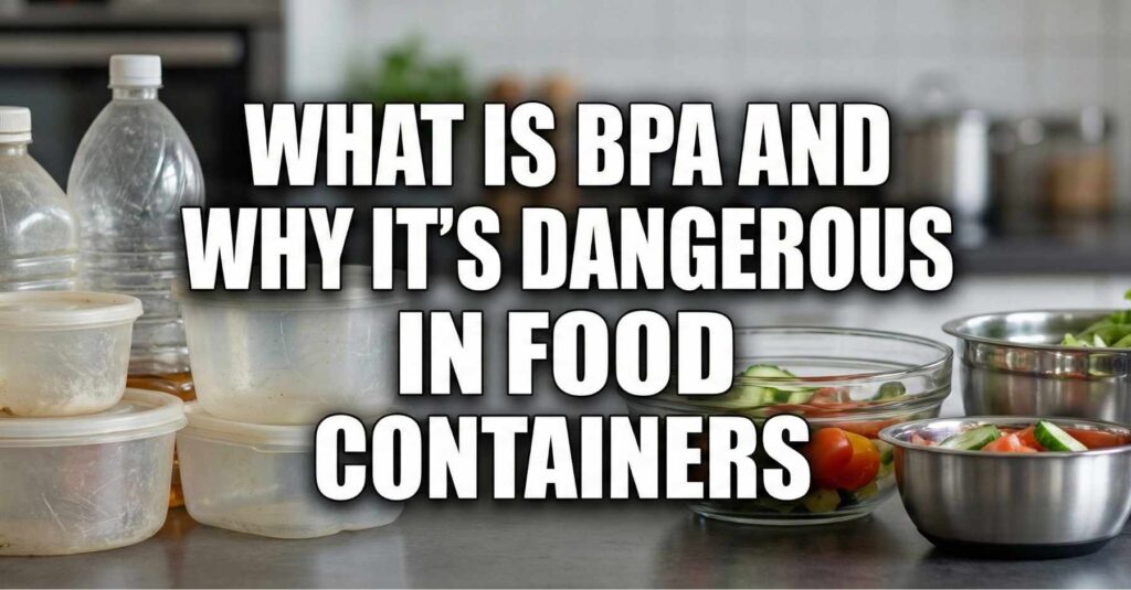 Old cloudy plastic food containers next to safe glass and steel bowls with the text What Is BPA and Why It’s Dangerous in Food Containers.
