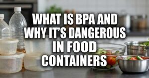 Old cloudy plastic food containers next to safe glass and steel bowls with the text What Is BPA and Why It’s Dangerous in Food Containers.