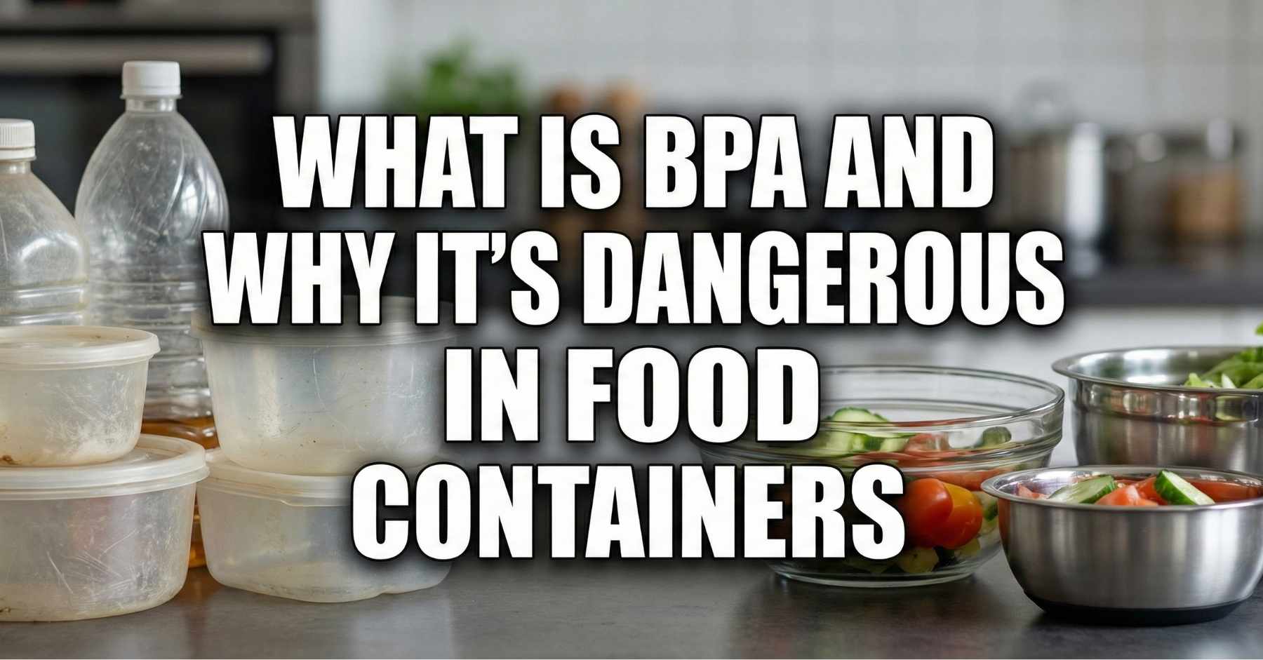 Old cloudy plastic food containers next to safe glass and steel bowls with the text What Is BPA and Why It’s Dangerous in Food Containers.
