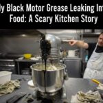Black industrial motor grease dripping from a commercial stand mixer into a bowl of food dough in a professional kitchen, illustrating food contamination.