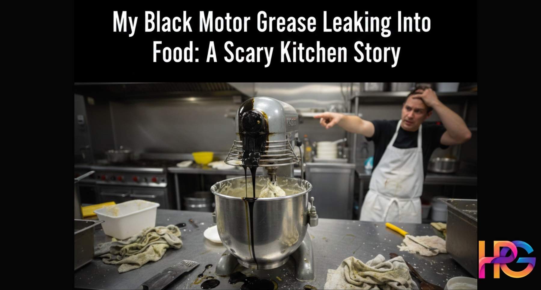 Black industrial motor grease dripping from a commercial stand mixer into a bowl of food dough in a professional kitchen, illustrating food contamination.