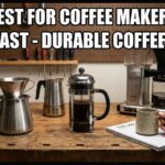 A wood shop bench with strong metal pots to test durable coffee makers.