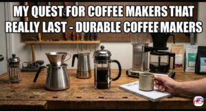 A wood shop bench with strong metal pots to test durable coffee makers.