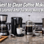 Kitchen counter with AeroPress, French press, and drip coffee maker placed side by side after cleaning.