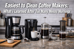 Kitchen counter with AeroPress, French press, and drip coffee maker placed side by side after cleaning.