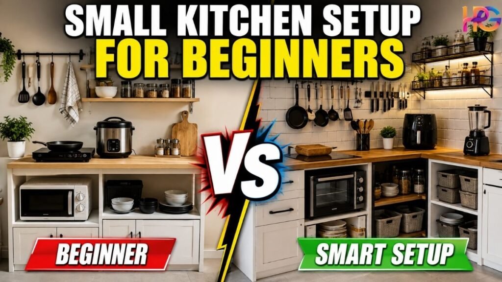 Small kitchen setup for beginners showing a basic kitchen versus a smart, organized kitchen setup.