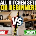 Small kitchen setup for beginners showing a basic kitchen versus a smart, organized kitchen setup.