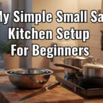 A small kitchen setup for beginners featuring a wood cutting board, nesting bowls, and a magnetic knife strip on a clean counter.