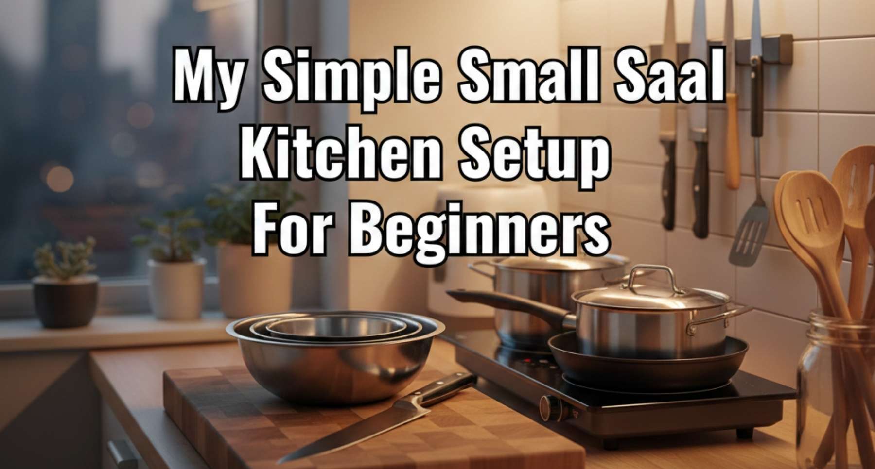 A small kitchen setup for beginners featuring a wood cutting board, nesting bowls, and a magnetic knife strip on a clean counter.