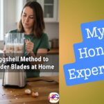 A woman in a kitchen holding a blender filled with eggshells and water to test the method to sharpen blender blades at home.