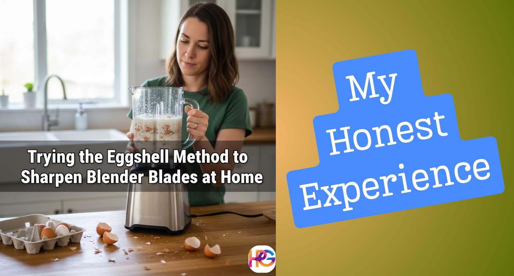 A woman in a kitchen holding a blender filled with eggshells and water to test the method to sharpen blender blades at home.