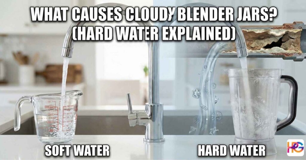 A split view showing soft water in a clear cup and hard tap water making a blender jar cloudy.