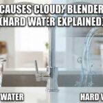 A split view showing soft water in a clear cup and hard tap water making a blender jar cloudy.