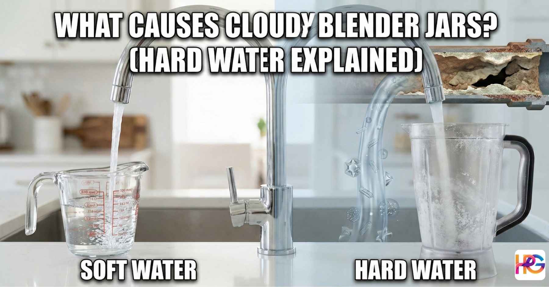 A split view showing soft water in a clear cup and hard tap water making a blender jar cloudy.