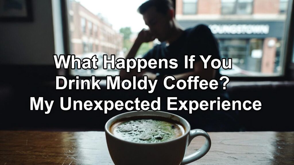 A close-up of a white coffee mug filled with dark liquid topped with green mold spots, placed on a wooden table in a dimly lit cafe setting with a blurred person in the background near a window showing a "Youngstown" sign.