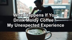 A close-up of a white coffee mug filled with dark liquid topped with green mold spots, placed on a wooden table in a dimly lit cafe setting with a blurred person in the background near a window showing a "Youngstown" sign.