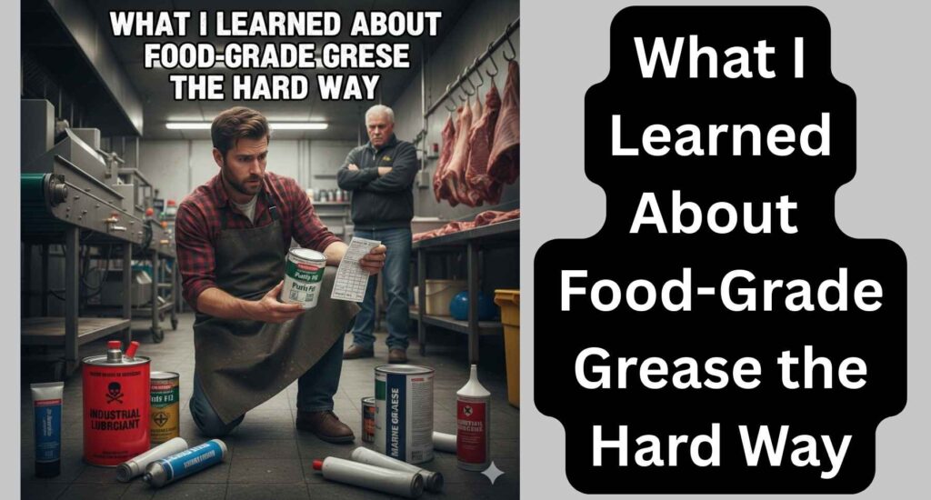 A man in an apron inspecting a lubricant label in a meat processing shop, surrounded by various grease cans and tubes.