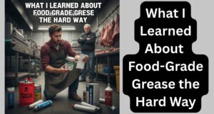 A man in an apron inspecting a lubricant label in a meat processing shop, surrounded by various grease cans and tubes.