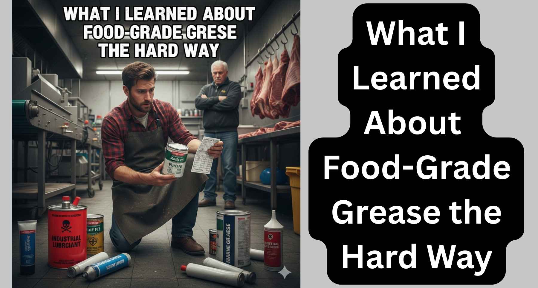 A man in an apron inspecting a lubricant label in a meat processing shop, surrounded by various grease cans and tubes.