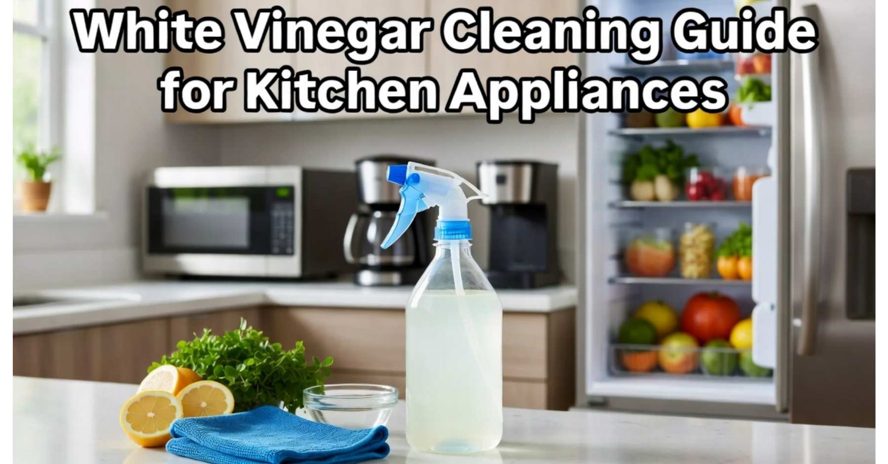 White Vinegar Cleaning Guide for Kitchen Appliances banner showing clean appliances and white vinegar bottle