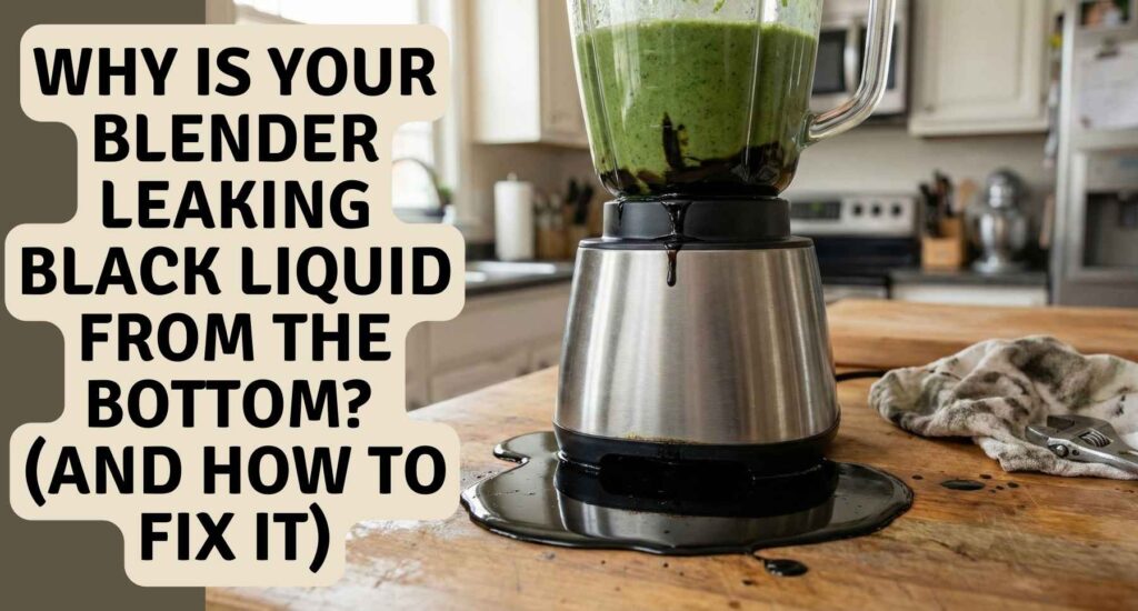 A stainless steel blender leaking from bottom black liquid onto a wooden kitchen counter next to a repair wrench.