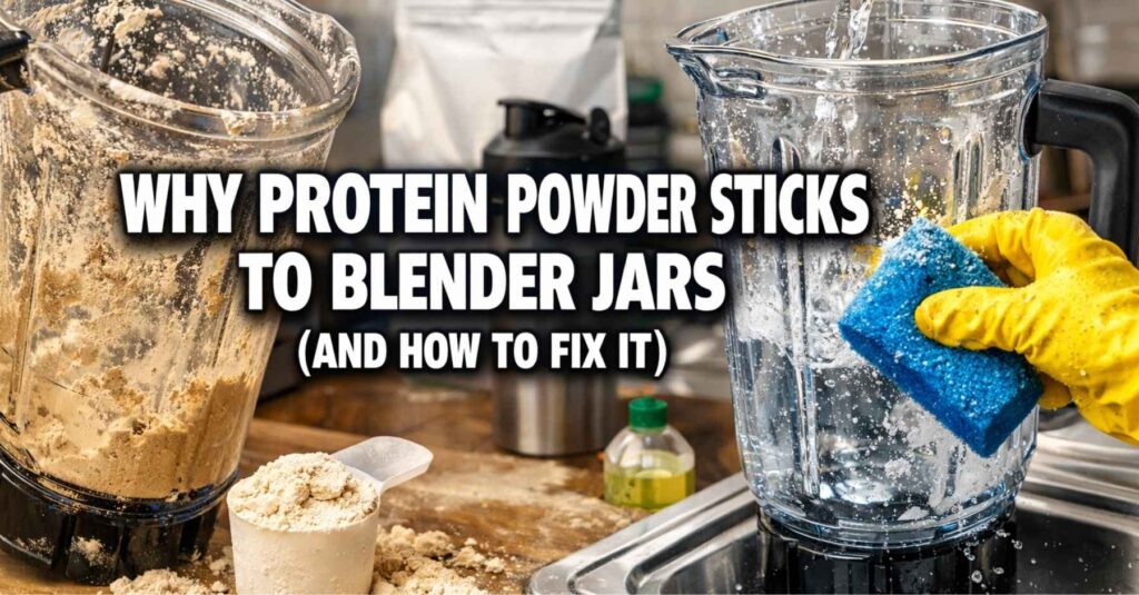 Blender jar coated with dried protein powder residue beside a clean jar being washed with soapy water in a kitchen sink.