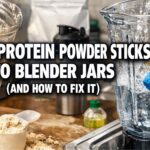 Blender jar coated with dried protein powder residue beside a clean jar being washed with soapy water in a kitchen sink.