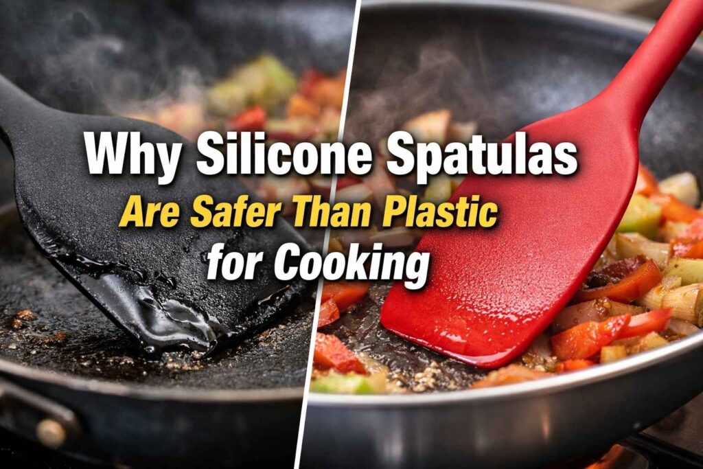 Melted plastic spatula next to heat-resistant silicone spatula in a hot pan with the text Why Silicone Spatulas Are Safer Than Plastic for Cooking