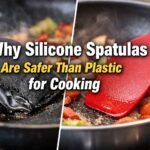 Melted plastic spatula next to heat-resistant silicone spatula in a hot pan with the text Why Silicone Spatulas Are Safer Than Plastic for Cooking