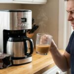 Man grimacing in disgust while holding a cup of coffee that tastes like plastic, standing next to a coffee maker and a bottle of white vinegar.